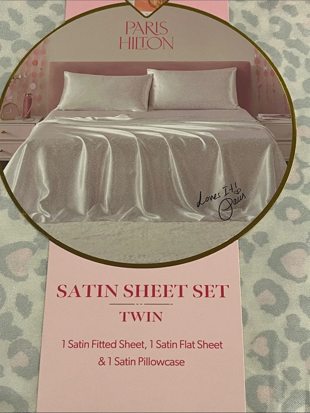 Paris Hilton Satin Sheet Set Twin new Flat, Fitted and 1 Pillowcase Leopard